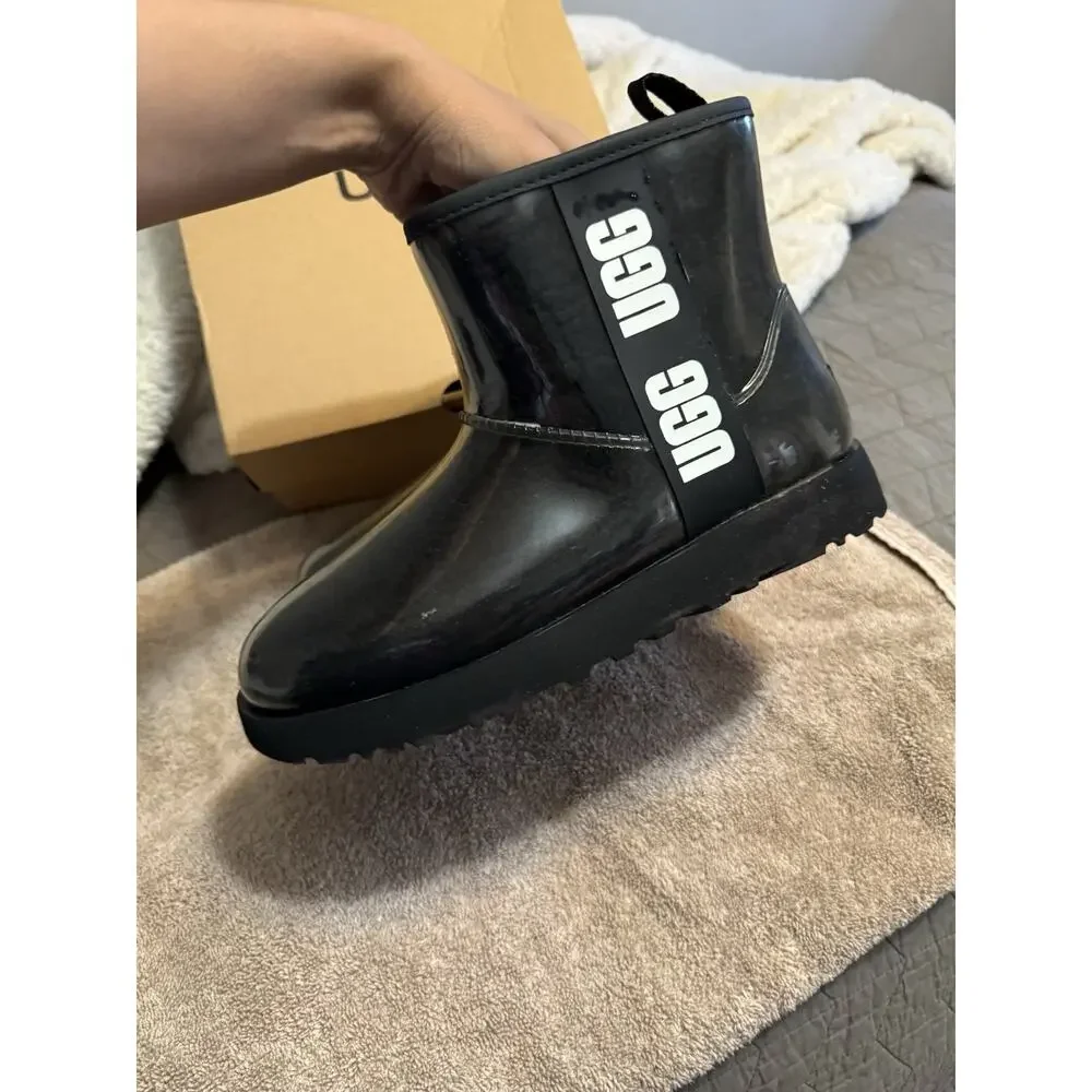 UGG Classic Clear Mini Black Waterproof Rubber Pull-On Ankle Rain Boots US 8